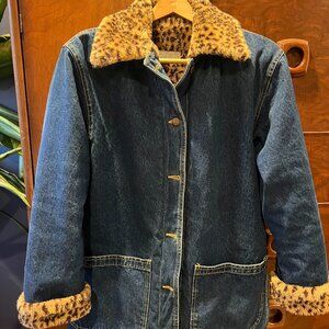Vintage Denim Barn Jacket w/Leopard Faux Fur Lining